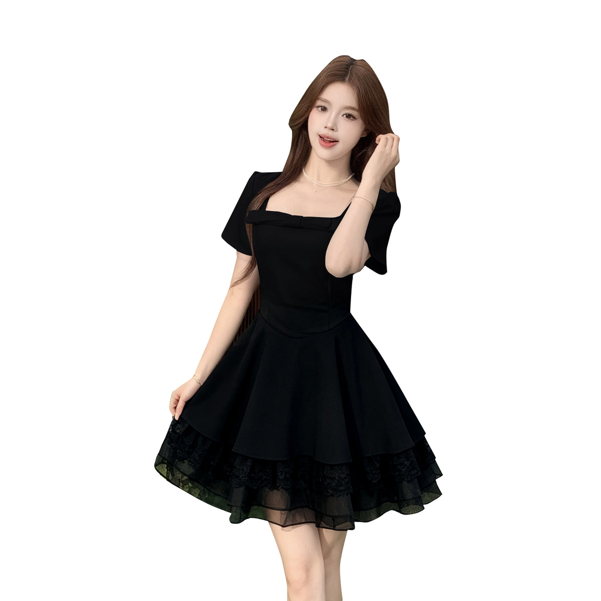 Plus Size Square Neck Tiered Skater Mini Dress with Puff Sleeves & Mesh Trim