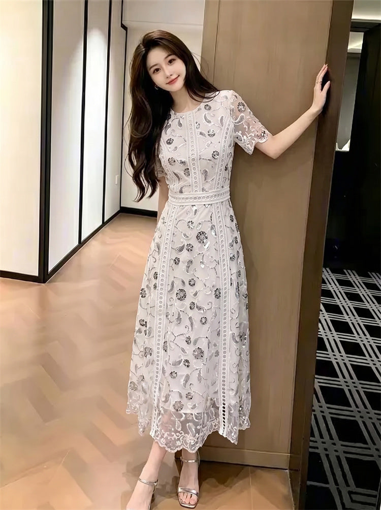 Starlight Embroidered Lace Short-Sleeve Maxi Dress