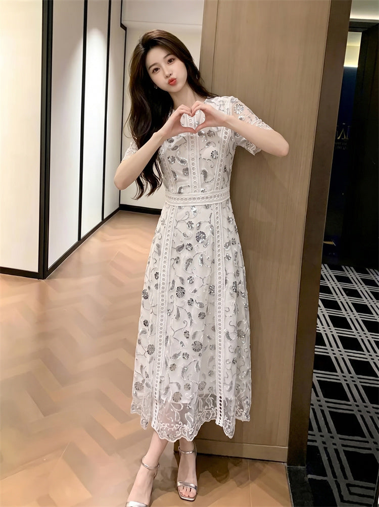 Starlight Embroidered Lace Short-Sleeve Maxi Dress