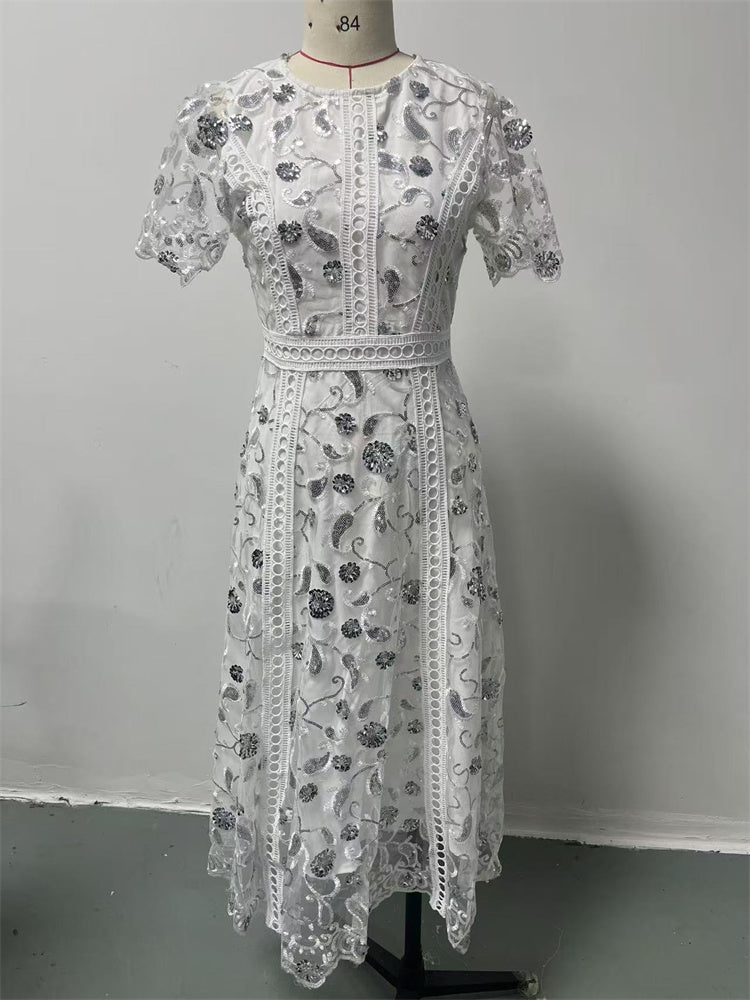 Starlight Embroidered Lace Short-Sleeve Maxi Dress