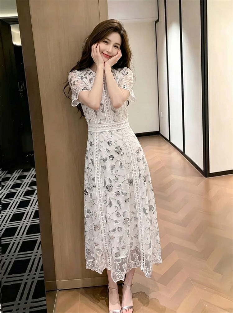 Starlight Embroidered Lace Short-Sleeve Maxi Dress