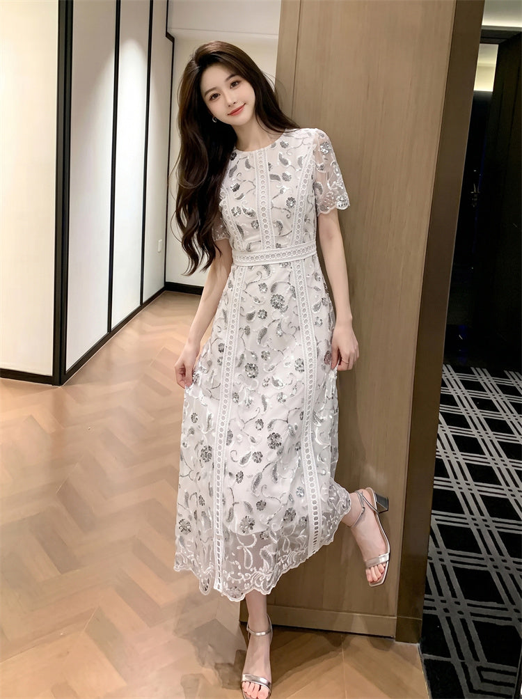 Starlight Embroidered Lace Short-Sleeve Maxi Dress