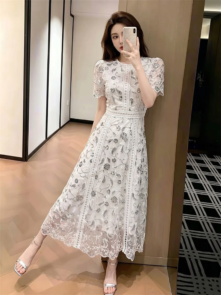 Starlight Embroidered Lace Short-Sleeve Maxi Dress