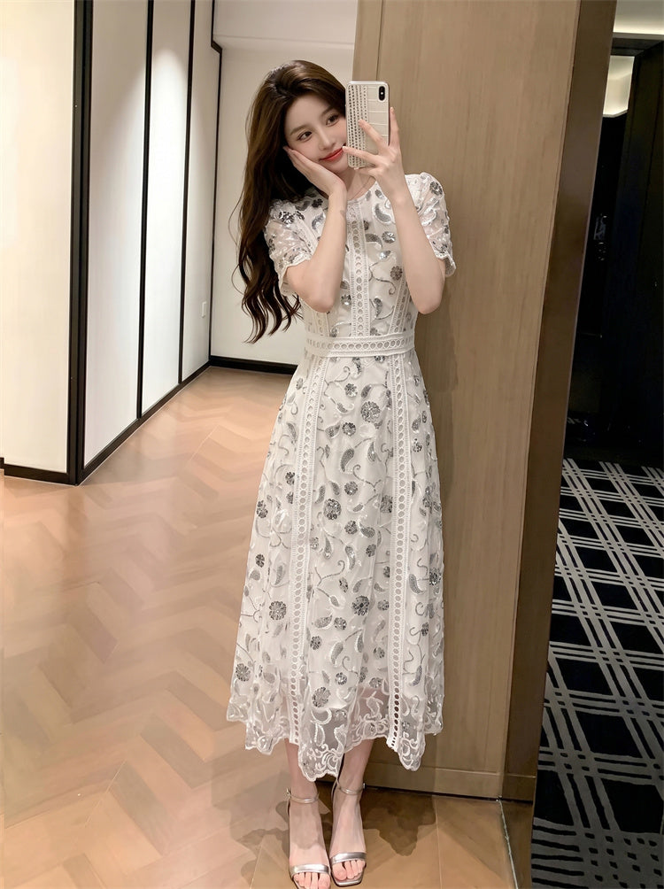 Starlight Embroidered Lace Short-Sleeve Maxi Dress
