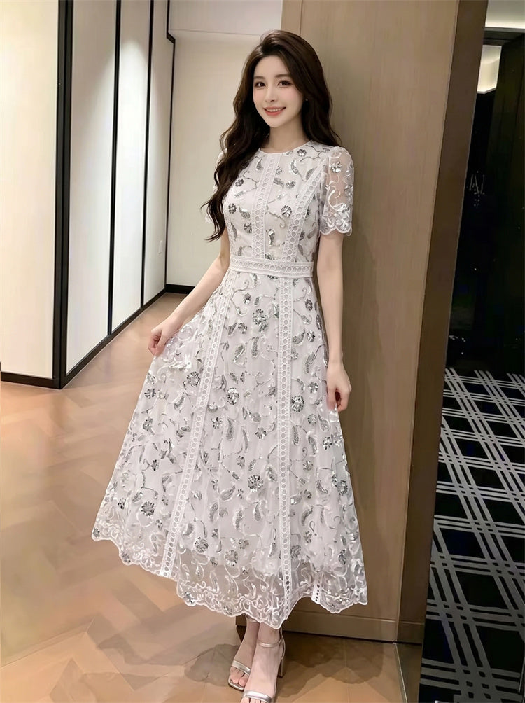 Starlight Embroidered Lace Short-Sleeve Maxi Dress