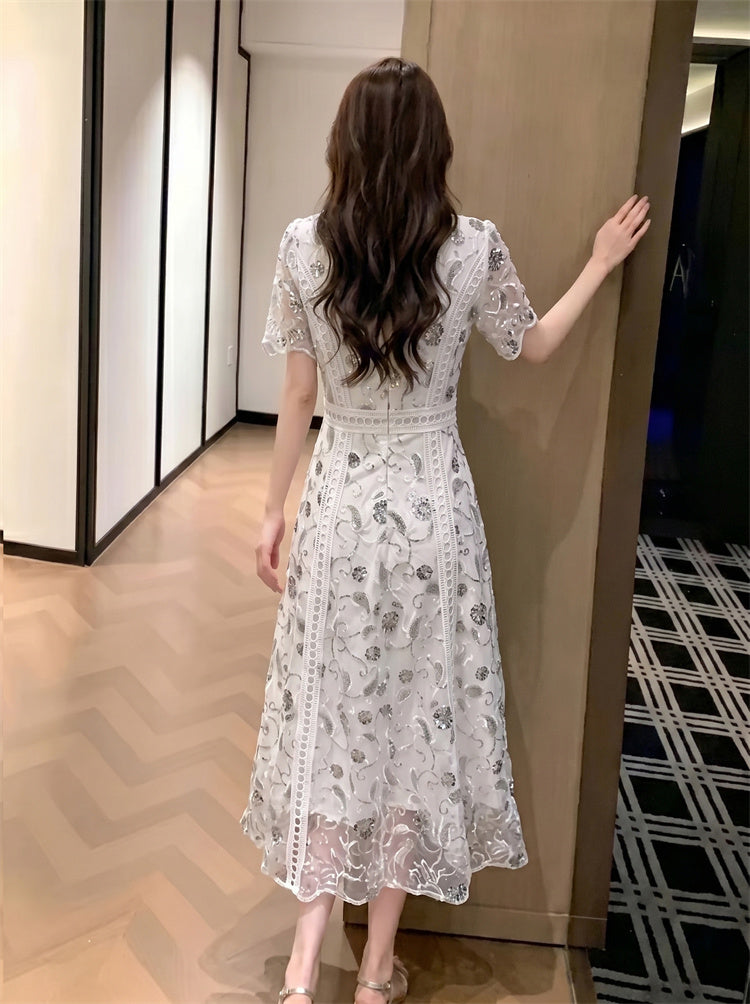 Starlight Embroidered Lace Short-Sleeve Maxi Dress