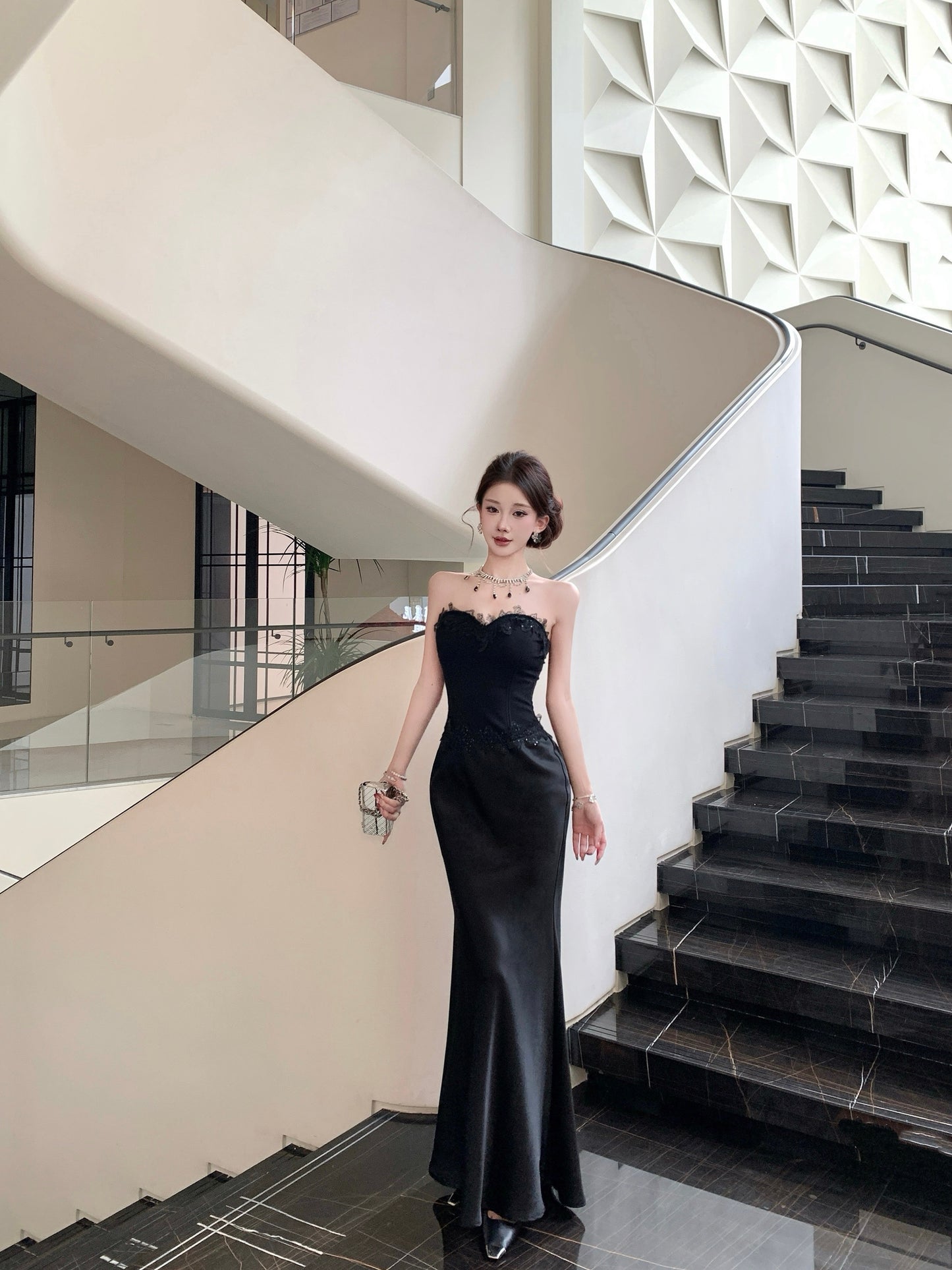 Strapless Black Mermaid Evening Gown with Lace Corset Bodice
