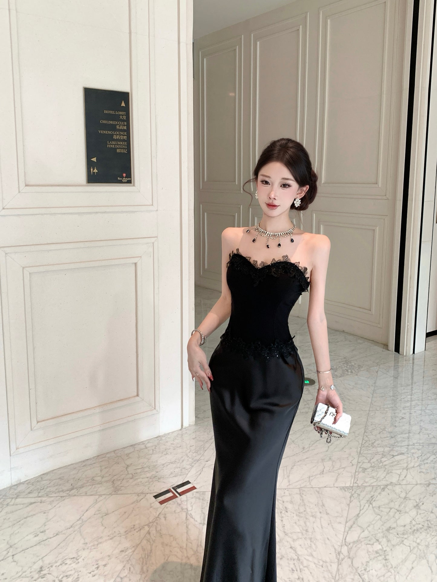 Strapless Black Mermaid Evening Gown with Lace Corset Bodice