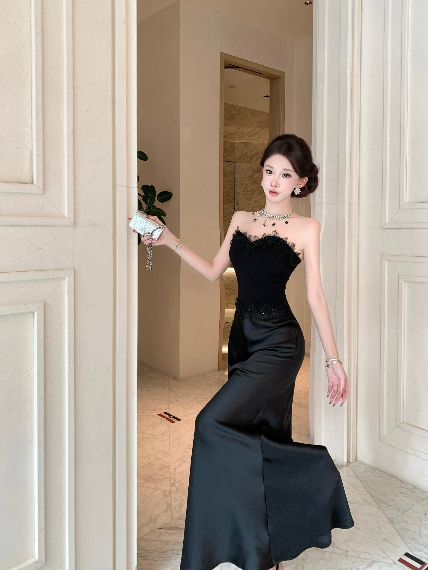 Strapless Black Mermaid Evening Gown with Lace Corset Bodice