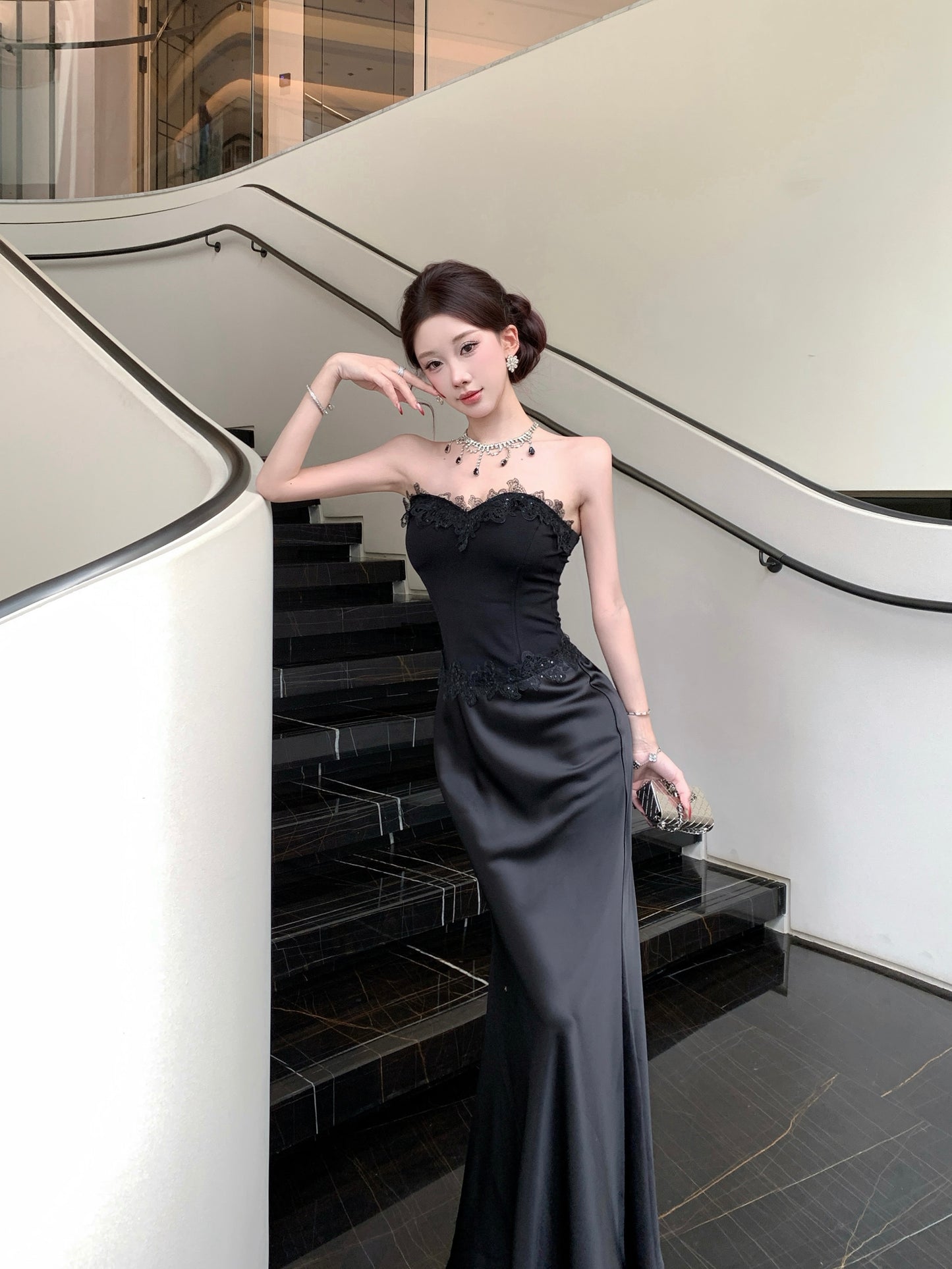 Strapless Black Mermaid Evening Gown with Lace Corset Bodice