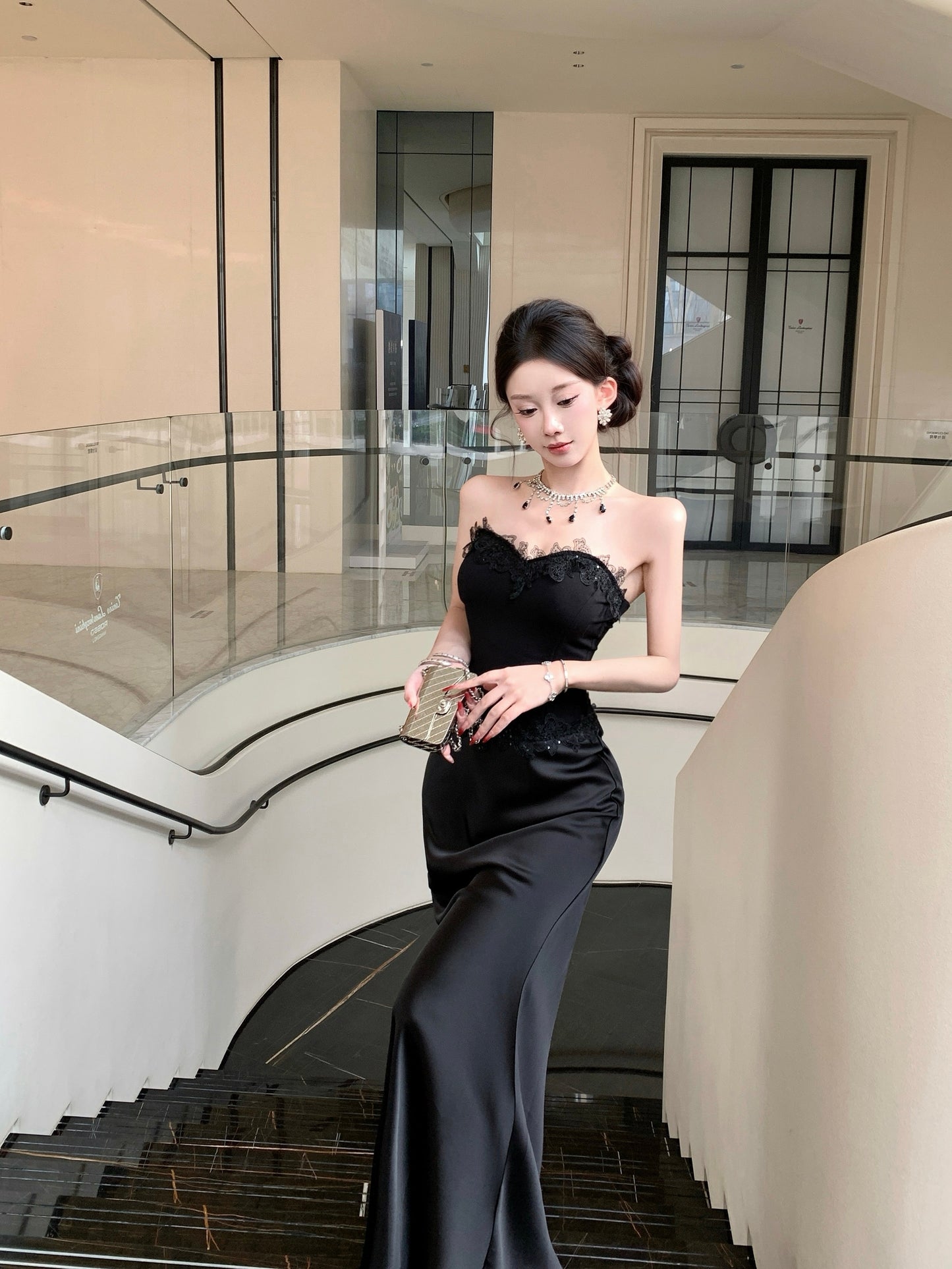 Strapless Black Mermaid Evening Gown with Lace Corset Bodice