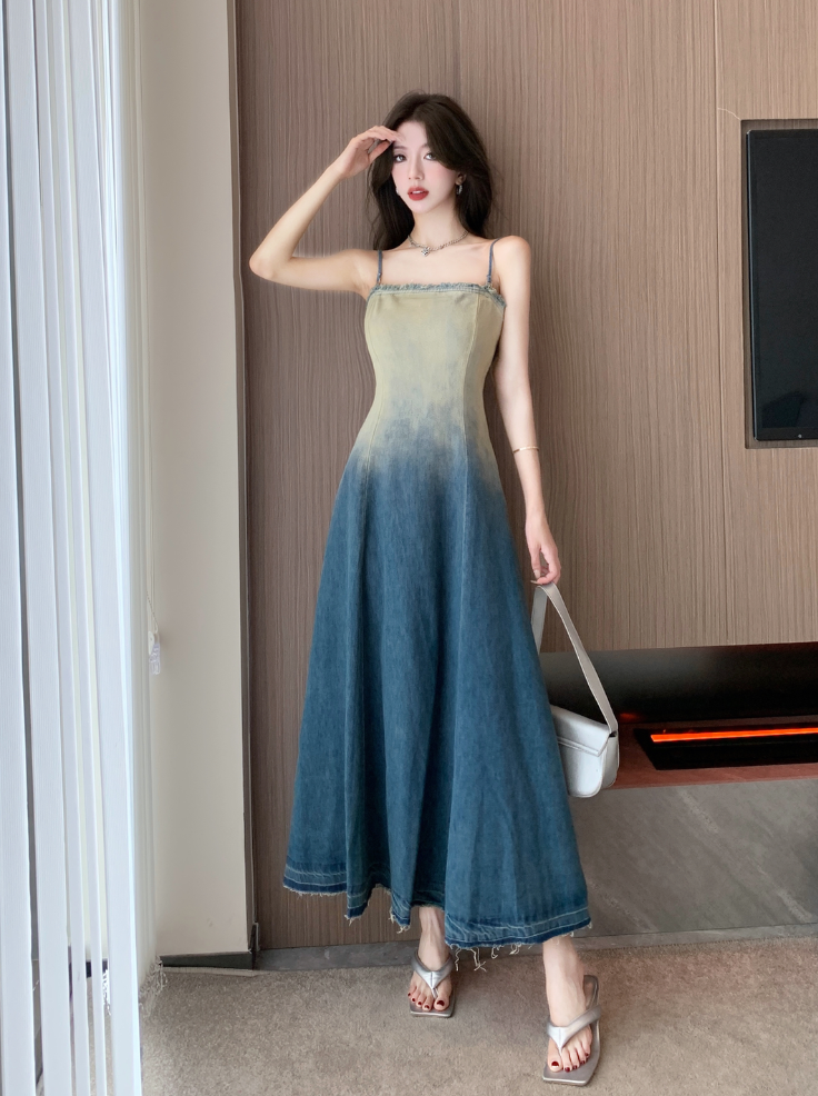 Strapless Ombre Denim Long Dress