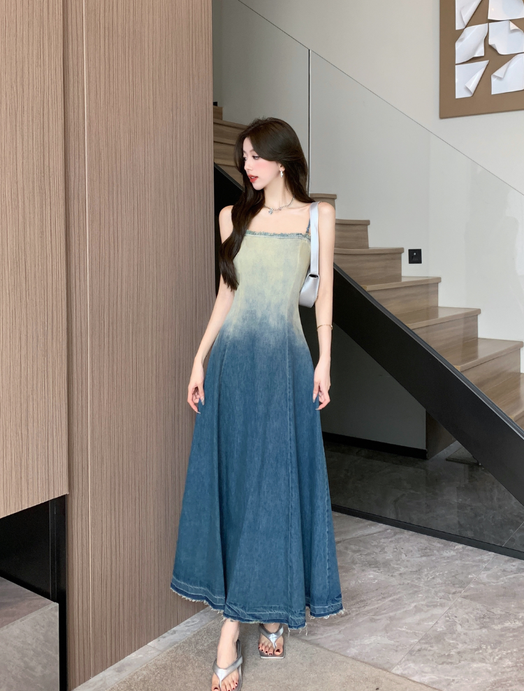 Strapless Ombre Denim Long Dress