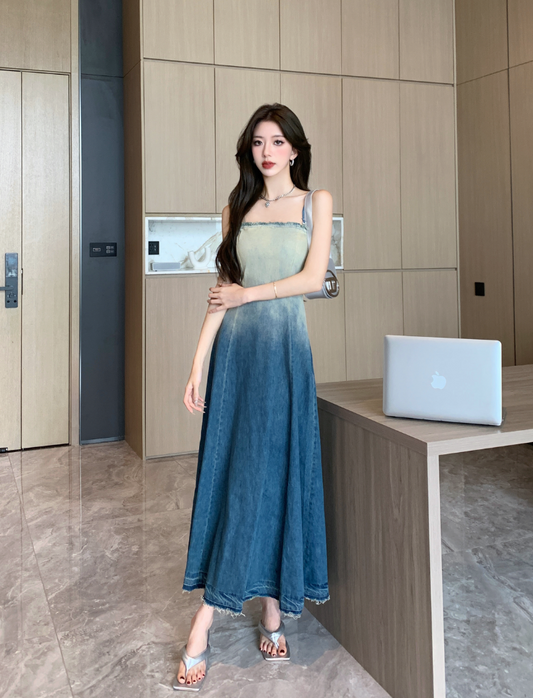 Strapless Ombre Denim Long Dress