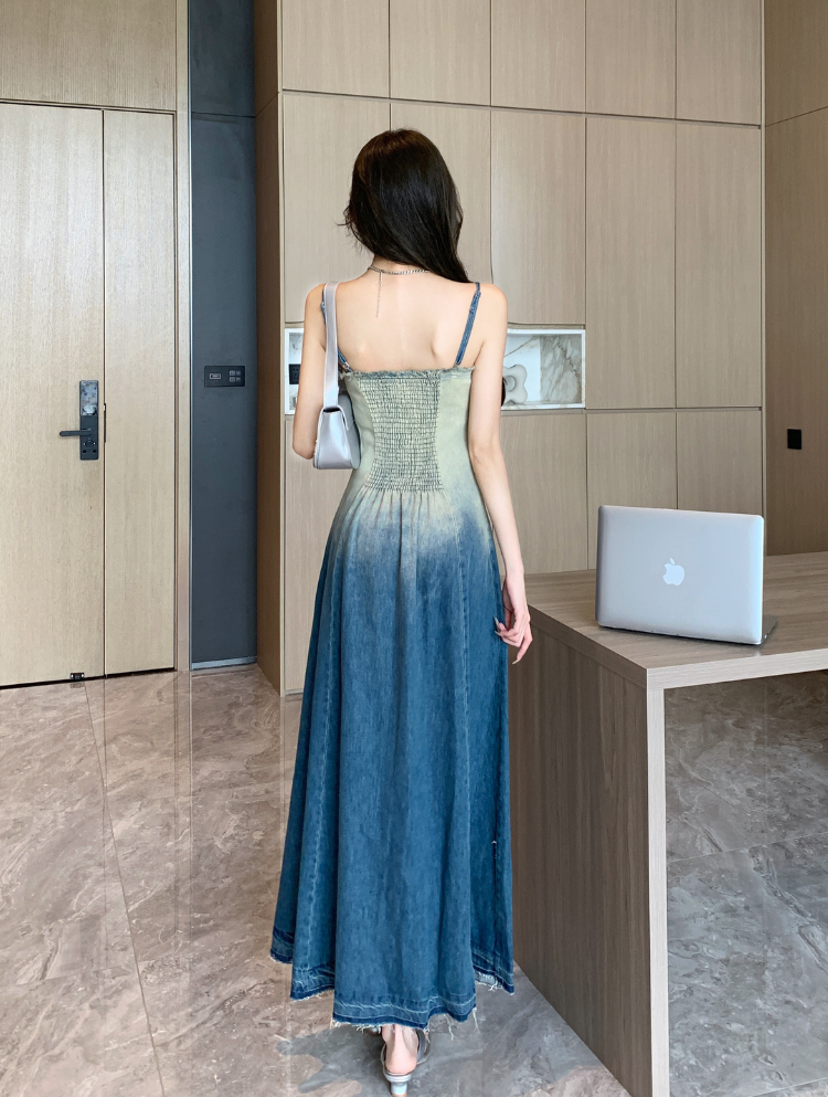 Strapless Ombre Denim Long Dress