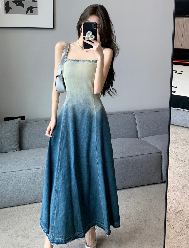 Strapless Ombre Denim Long Dress