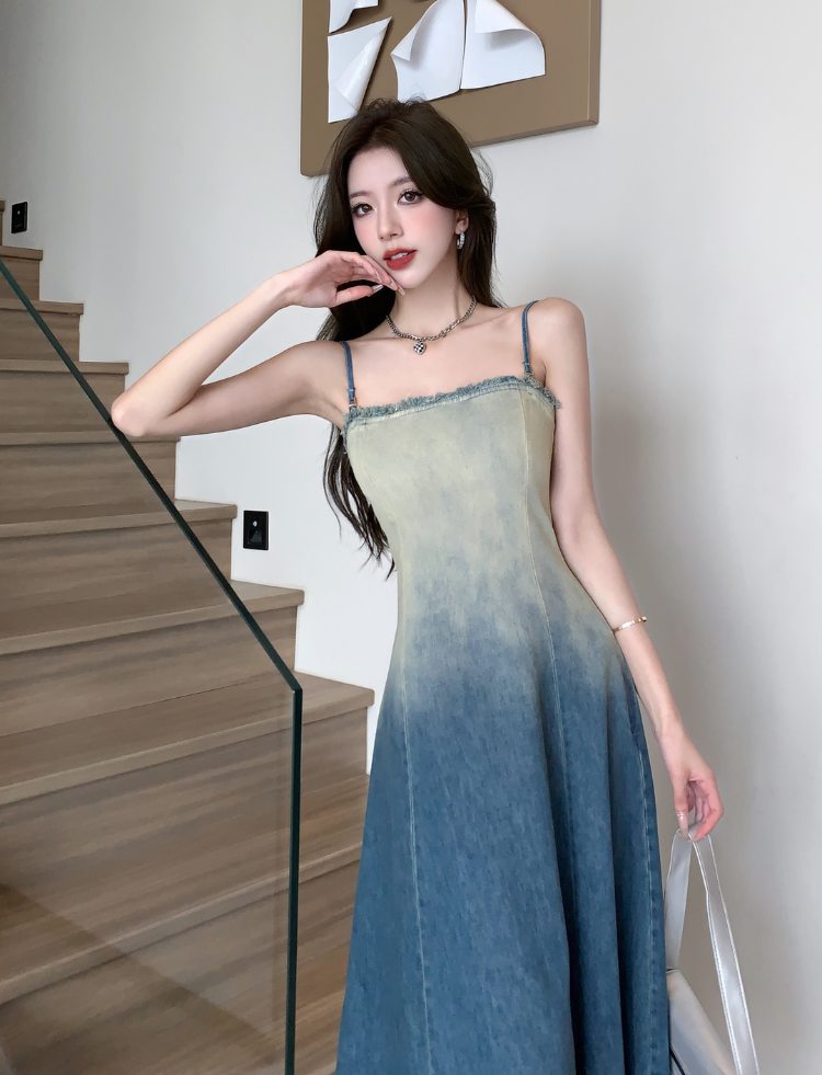 Strapless Ombre Denim Long Dress