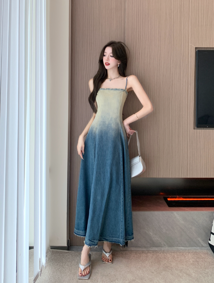 Strapless Ombre Denim Long Dress