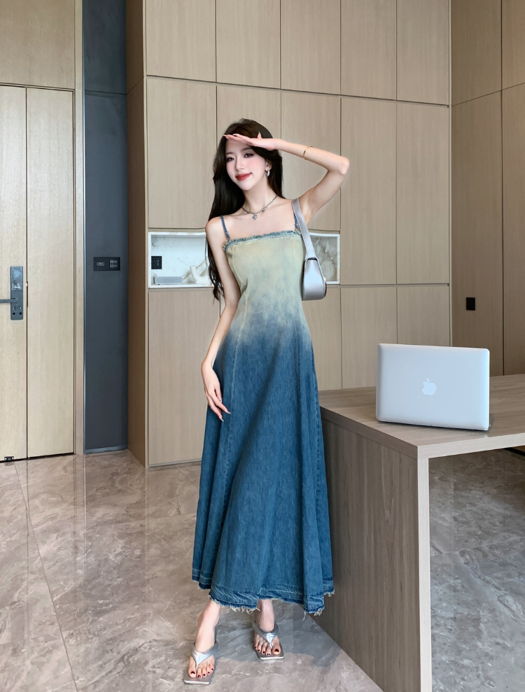 Strapless Ombre Denim Long Dress