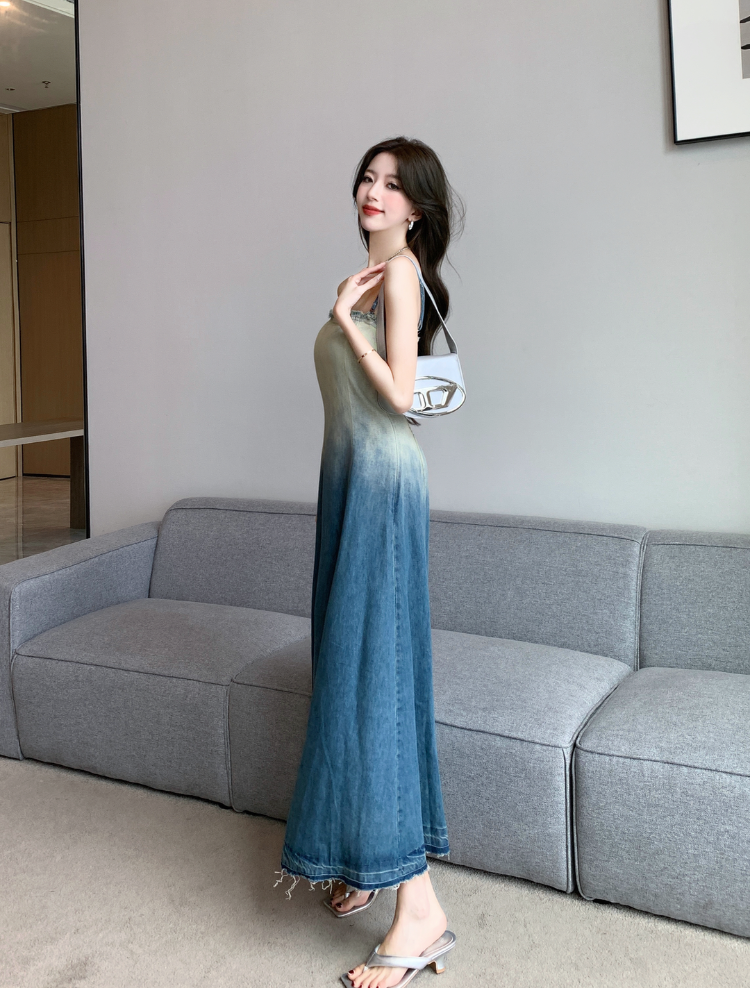 Strapless Ombre Denim Long Dress