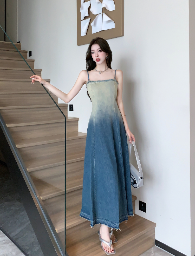 Strapless Ombre Denim Long Dress