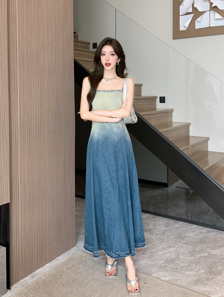 Strapless Ombre Denim Long Dress