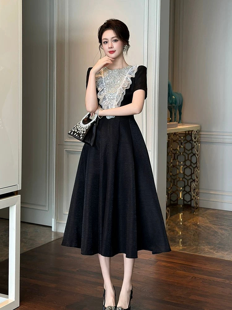 Midnight Symphony Lace-Bodice Midi Dress