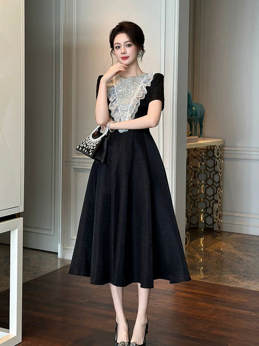 Midnight Symphony Lace-Bodice Midi Dress