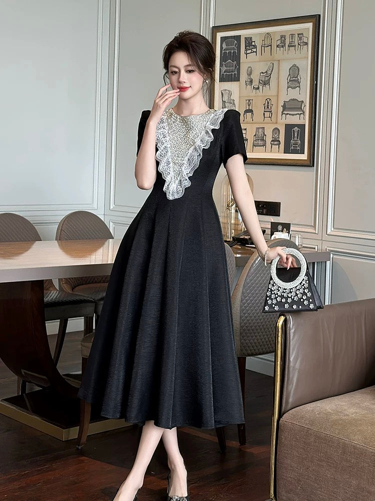 Midnight Symphony Lace-Bodice Midi Dress