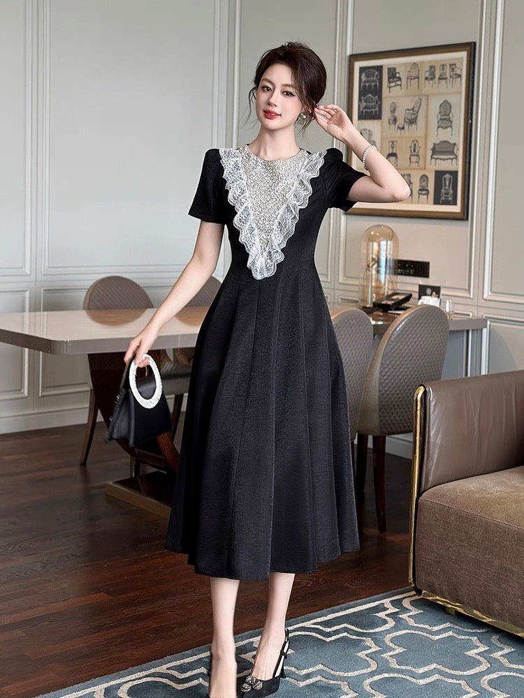 Midnight Symphony Lace-Bodice Midi Dress