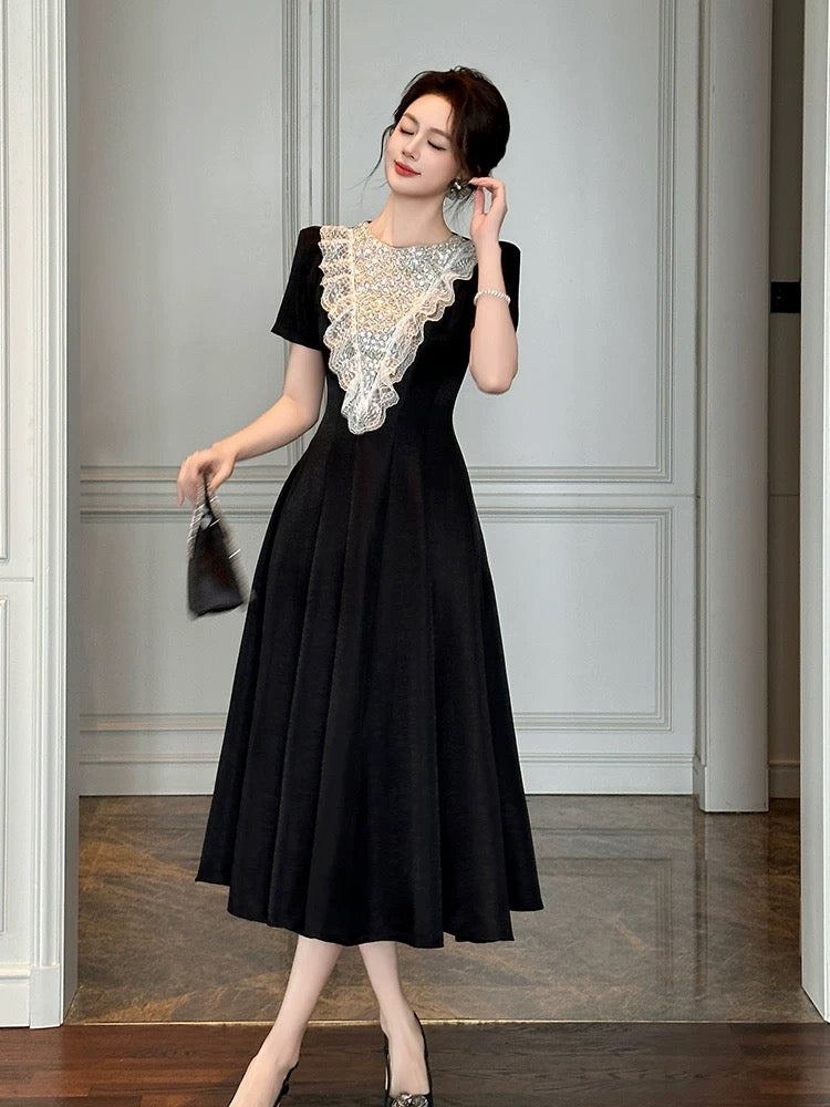 Midnight Symphony Lace-Bodice Midi Dress