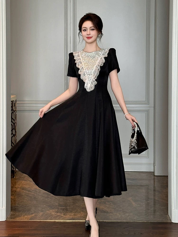 Midnight Symphony Lace-Bodice Midi Dress