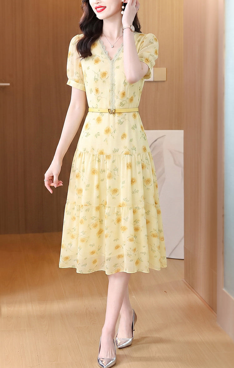 Summer Breeze Yellow Chiffon Floral Midi