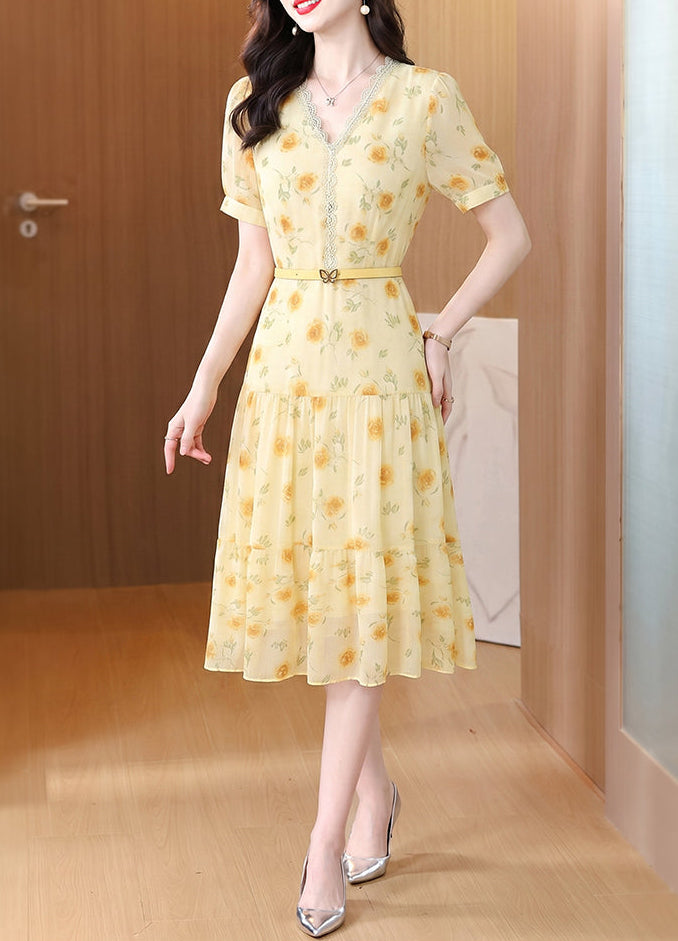 Summer Breeze Yellow Chiffon Floral Midi