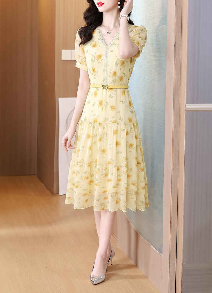 Summer Breeze Yellow Chiffon Floral Midi