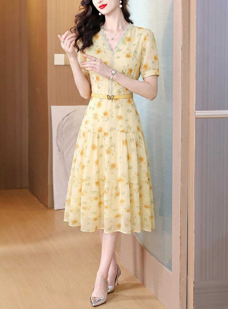 Summer Breeze Yellow Chiffon Floral Midi