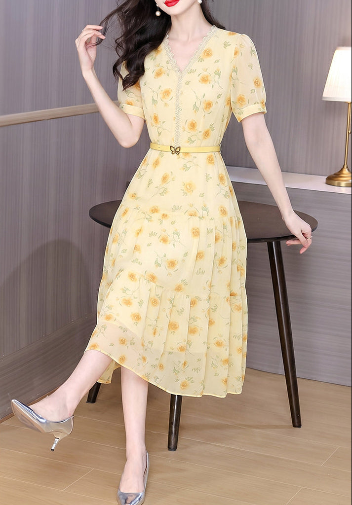 Summer Breeze Yellow Chiffon Floral Midi