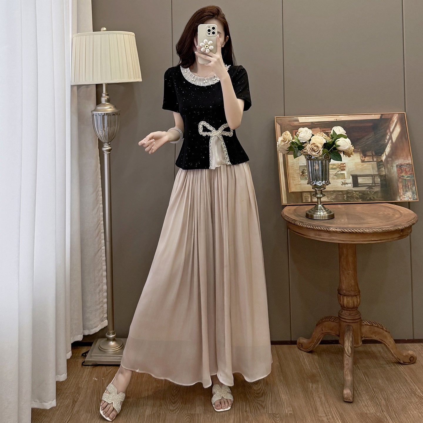 Plus Size Summer Casual Ribbed Crop Top and Flowy Lace Trousers Matching Set