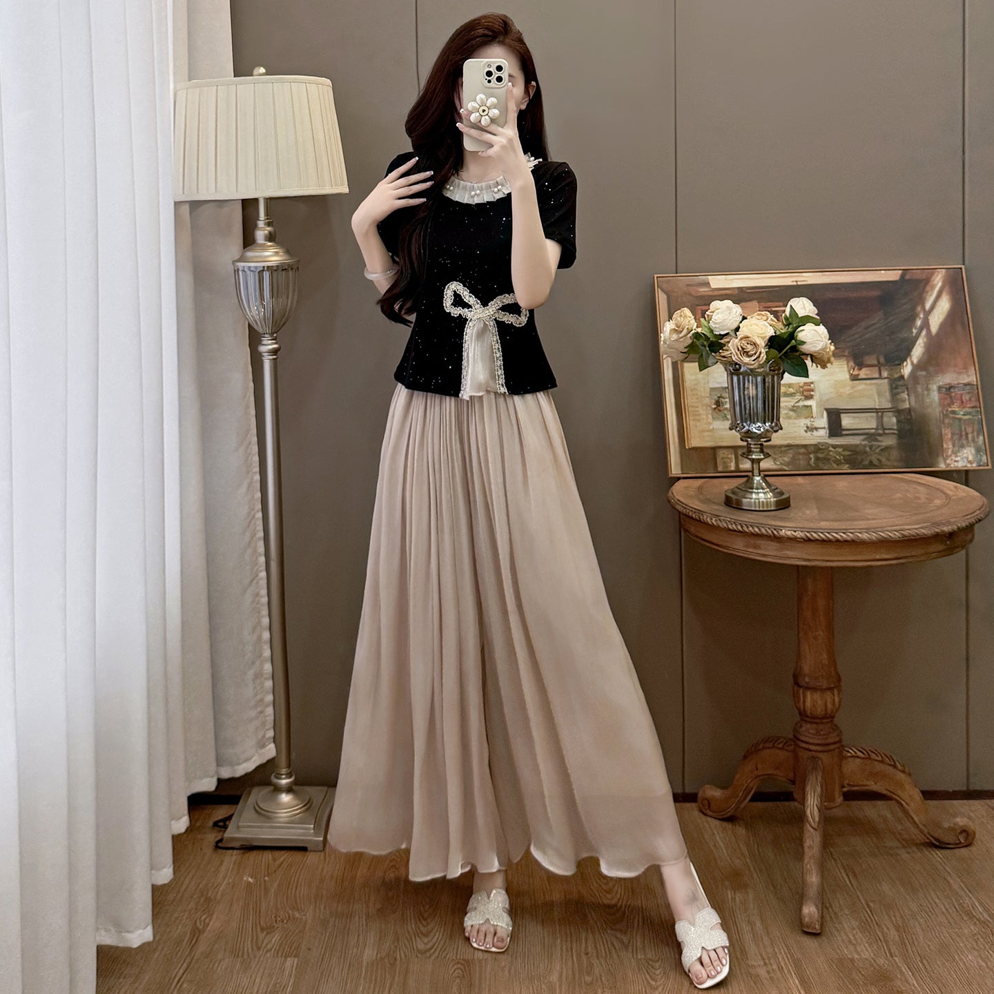 Plus Size Summer Casual Ribbed Crop Top and Flowy Lace Trousers Matching Set