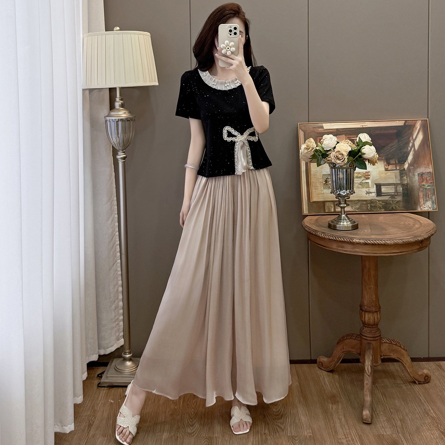 Plus Size Summer Casual Ribbed Crop Top and Flowy Lace Trousers Matching Set