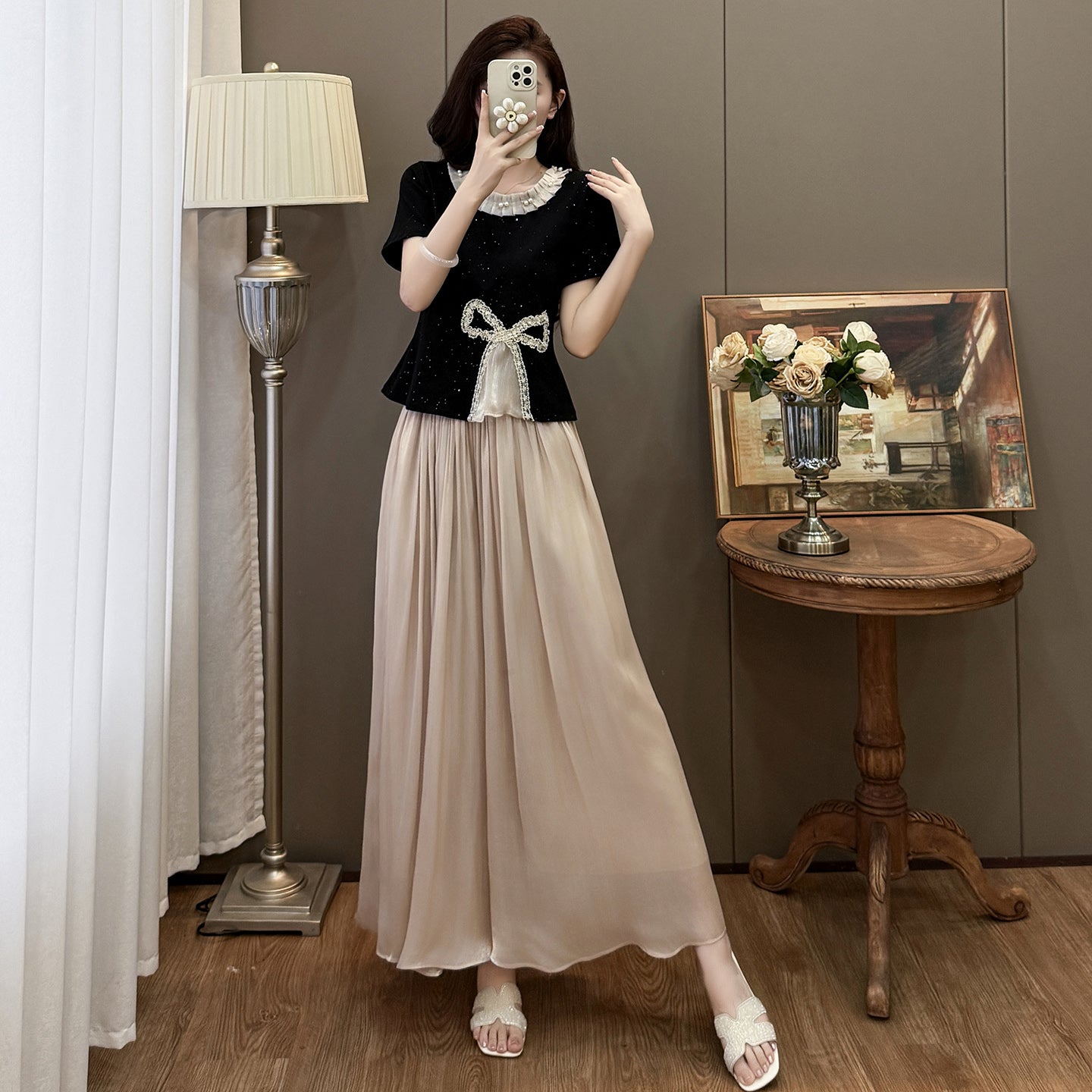Plus Size Summer Casual Ribbed Crop Top and Flowy Lace Trousers Matching Set