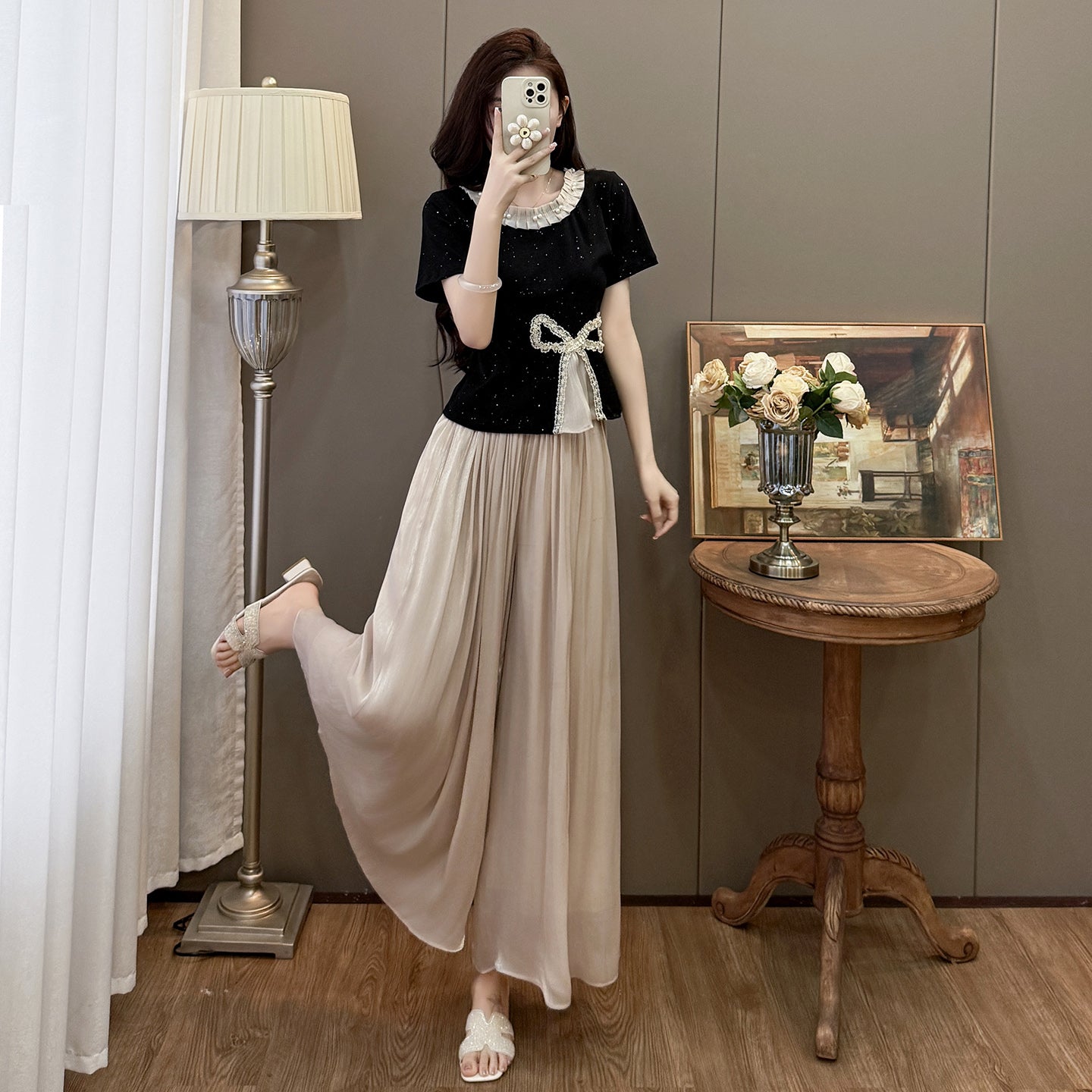 Plus Size Summer Casual Ribbed Crop Top and Flowy Lace Trousers Matching Set