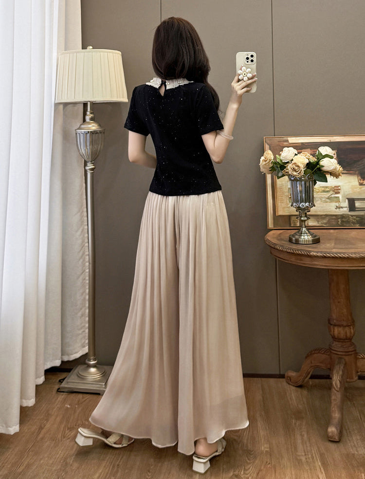 Plus Size Summer Casual Ribbed Crop Top and Flowy Lace Trousers Matching Set