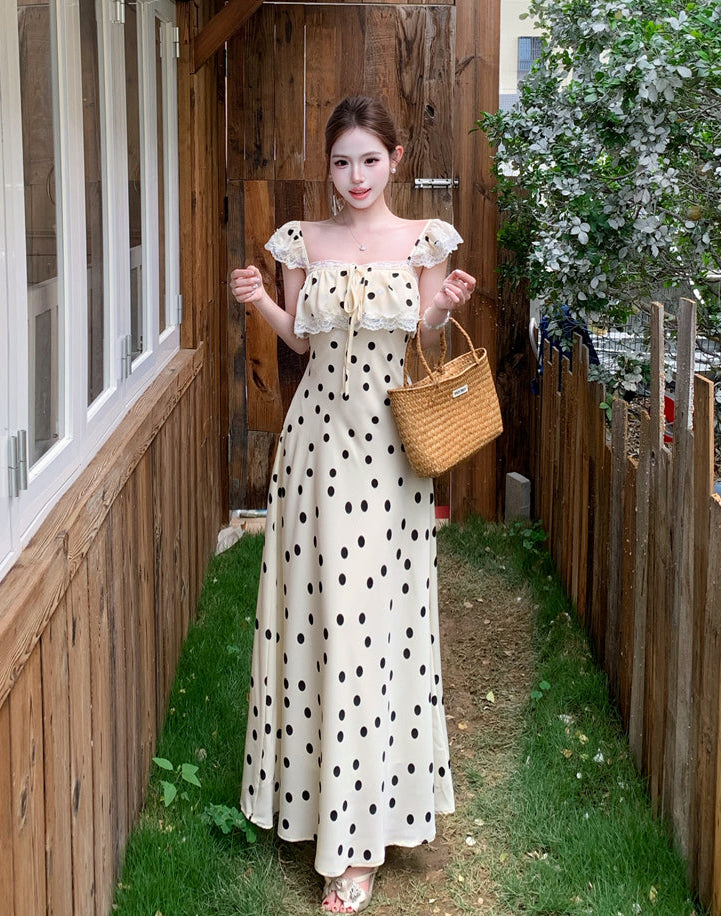 Vintage Cream Polka Dot Lace-Trim Maxi Dress