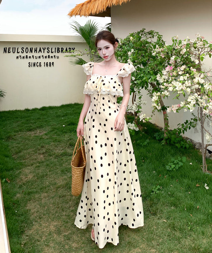 Vintage Cream Polka Dot Lace-Trim Maxi Dress