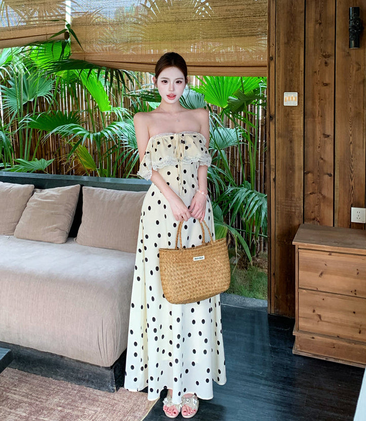 Vintage Cream Polka Dot Lace-Trim Maxi Dress