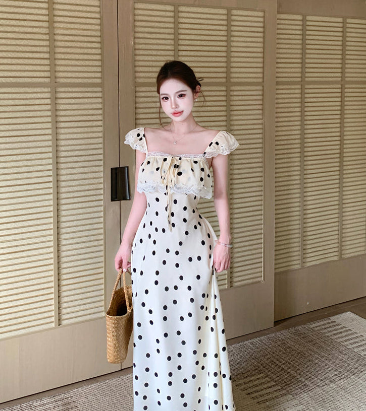 Vintage Cream Polka Dot Lace-Trim Maxi Dress