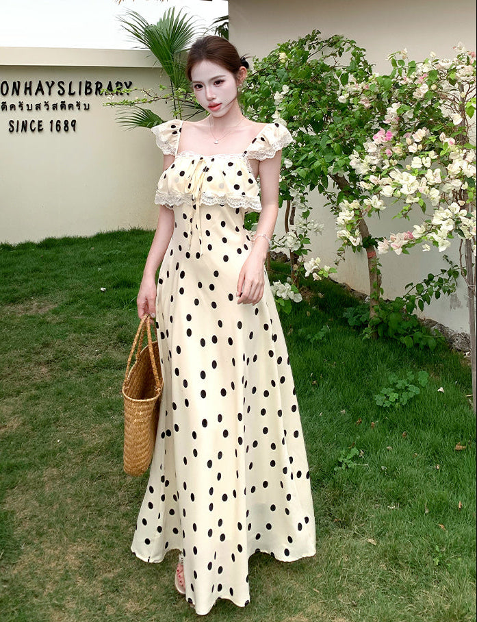 Vintage Cream Polka Dot Lace-Trim Maxi Dress