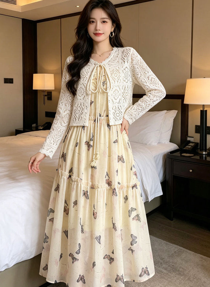 Summer Two-Piece Butterfly Print Tiered Dress and White Crochet Shawl