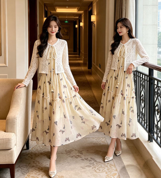 Summer Two-Piece Butterfly Print Tiered Dress and White Crochet Shawl